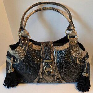 Sharif Studio Shoulder HandBag Black and Tan Embossed Leather and Snakeskin